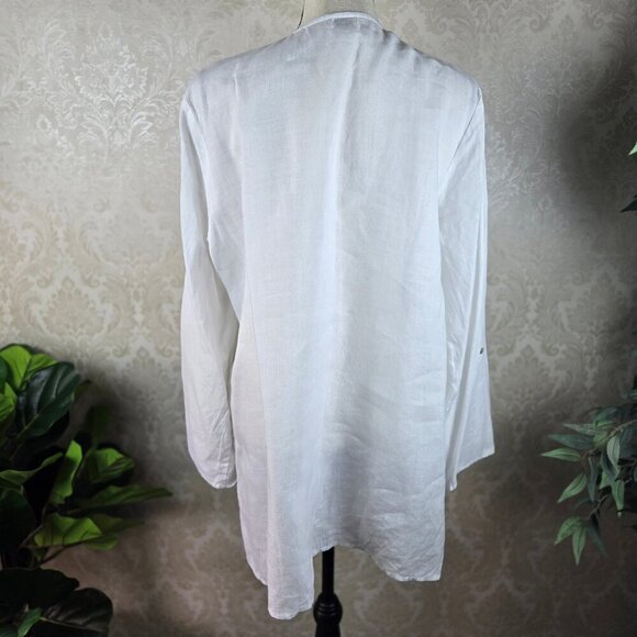 Symple NYC White Linen Tunic Blouse Ombre Blue Embroidery Roll Tab Sleeves - Picture 10 of 15